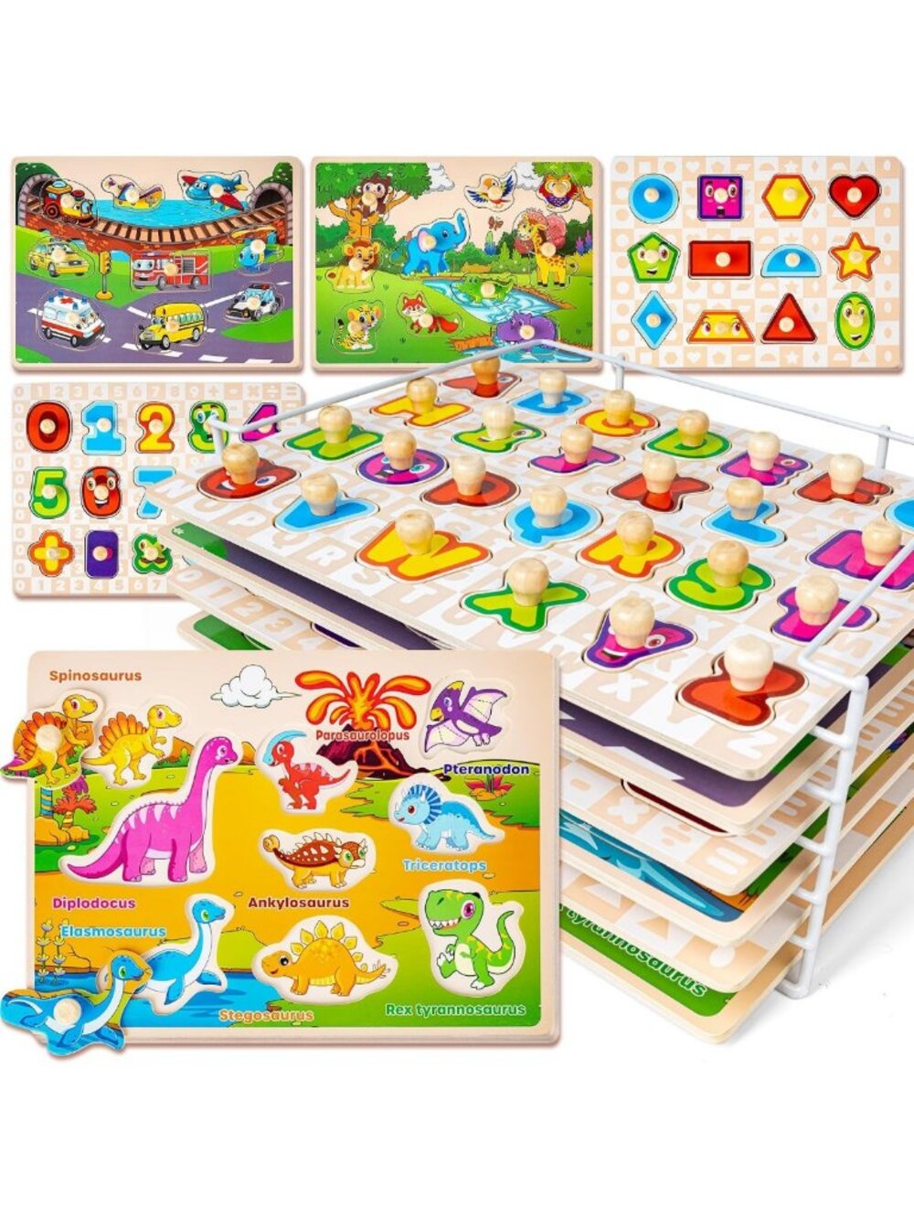 Wooden Puzzles for Toddlers 1-4 | Educational Alphabet, Numbers & Animals Set